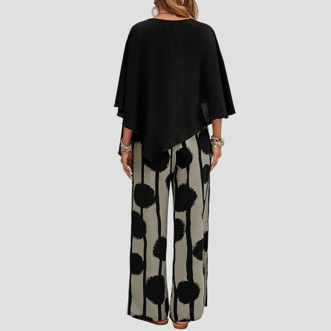 Milavie™ | Modieuze damesoutfit met asymmetrische top en geprinte broek