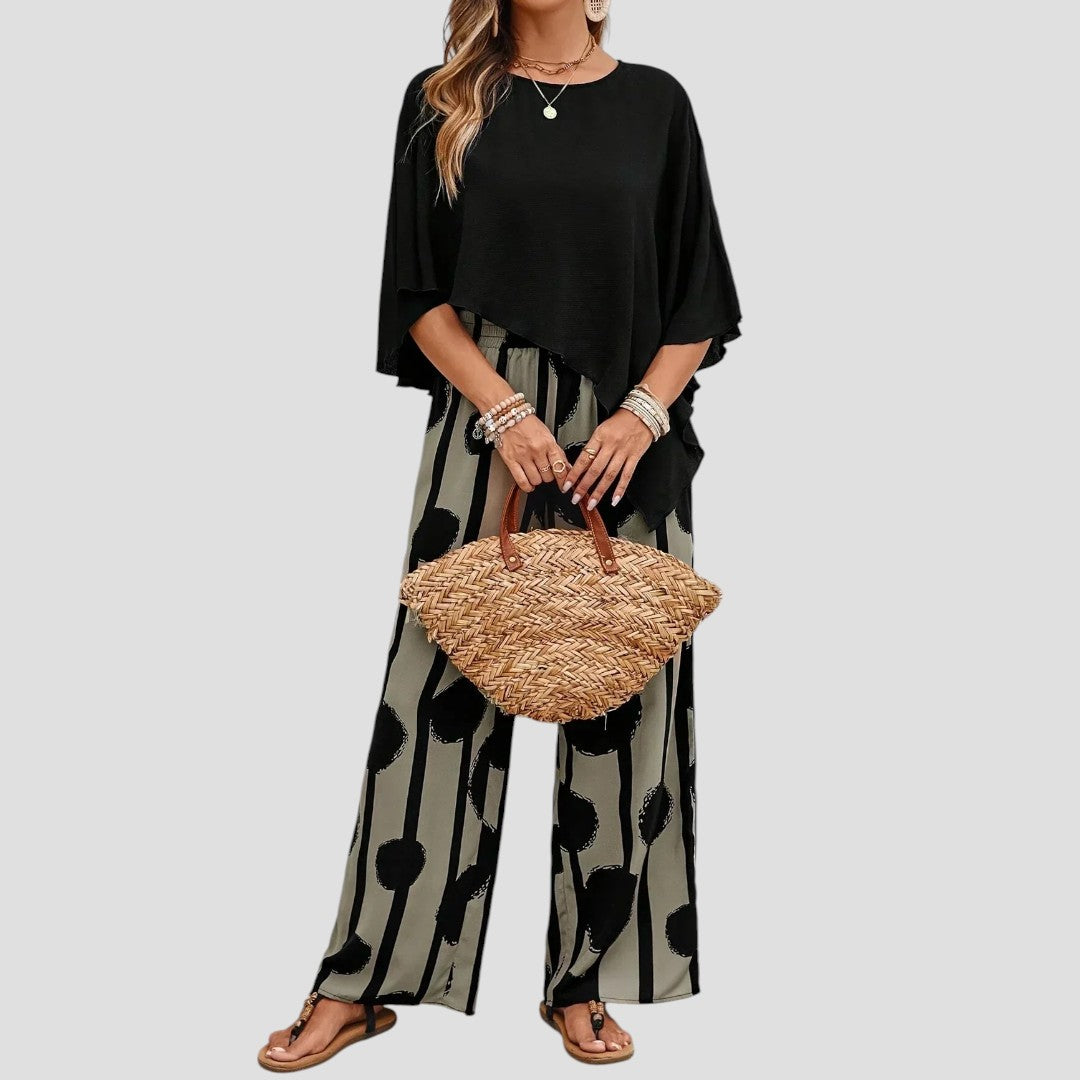 Milavie™ | Modieuze damesoutfit met asymmetrische top en geprinte broek