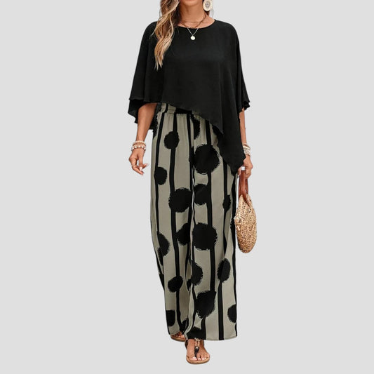 Milavie™ | Modieuze damesoutfit met asymmetrische top en geprinte broek