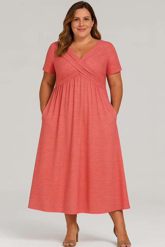 Linda-modehuis™ | Midi-jas met geplooide rok en V-hals – Afslankend taille-effect