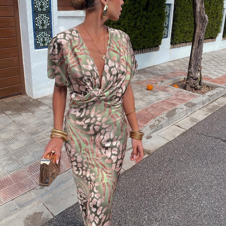 Linda-Modehuis™ | Lange jurk met gedraaid V-hals